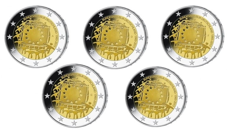 2 euro Niemcy x5 30 lat Flagi UE 2015 ADFGJ