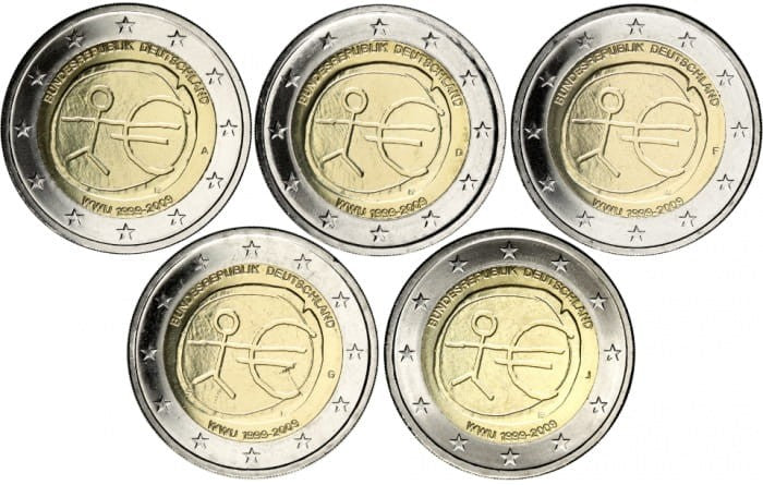 2 € NIEMCY x5 10 lat strefy euro EMU 2009 ADFGJ