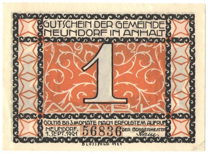 1 mark banknot zastępczy Neundorf 1921