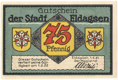 75 Pf banknot zastępczy Gutschein der stadt Eldagsen