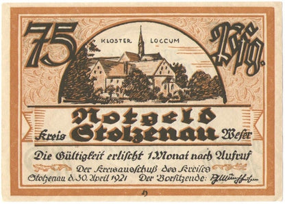 75 Pf banknot zastępczy Kreis Stolzenau 1921