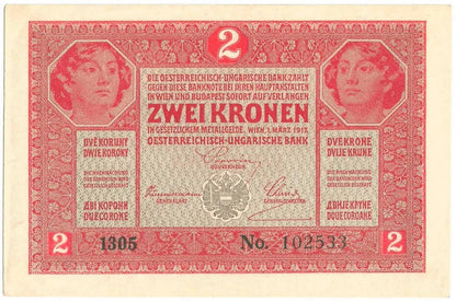 Austro-Węgry, 2 korony, zwei kronen, ket korona, 1917, stan 1/1-, piękny