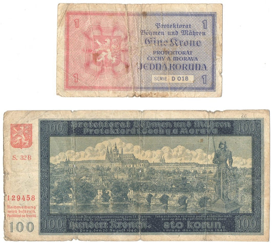 Protektorat Czech i Moraw, 1 korona seria D i 100 koron 1940 seria 32B