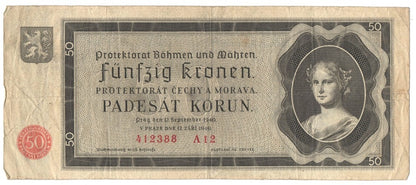 Protektorat Czech i Moraw, 50 koron 1940. seria A12, stan 4