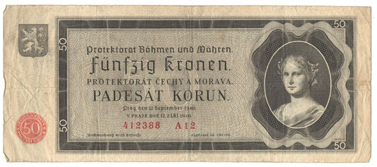 Protektorat Czech i Moraw, 50 koron 1940. seria A12, stan 4